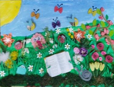 Przykład pracy konkursowej związanej z utworem M. Konopnickiej - kolorowy obrazek (niebo, słońce, kwiaty na łące, a wśród nich książka)