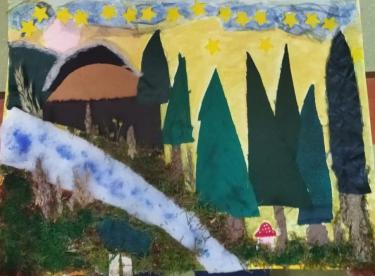 Przykład pracy konkursowej związanej z utworem M. Konopnickiej - kolorowy obrazek (drzewa, muchomorek, niebo i droga.