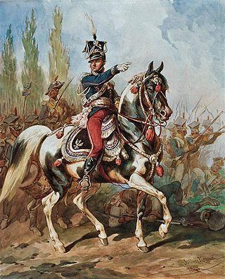 Jan Henryk Dąbrowski na czele Legionów, Janusz Kossak, 1882, akwarela na papierze, kolekcja Instytutu Narodowego im. Ossolińskich. Domena publiczna. Źródło https://commons.wikimedia.org/