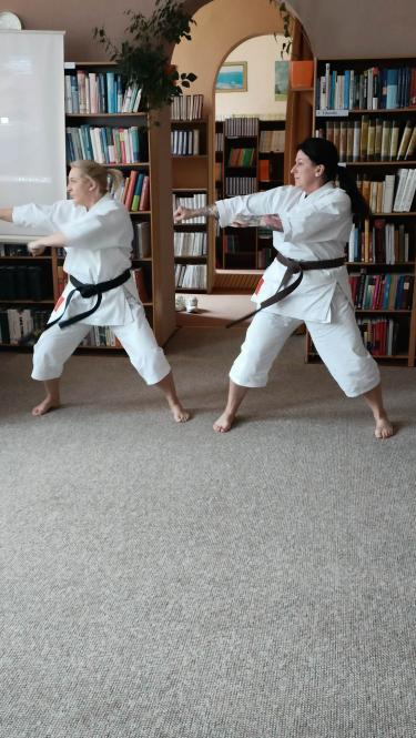 Małgorzata Trojnar i Marzena Grabowska prezentują fragment treningu karate