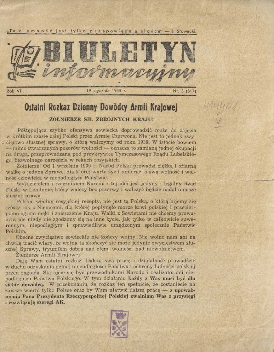 Fot. Ostatni rozkaz dzienny dowódcy AK - Biuletyn Informacyjny. R.7, nr 3 (19 stycznia 1945) = nr 317, źródło: Cyfrowa Biblioteka Narodowa POLONA. Domena publiczna