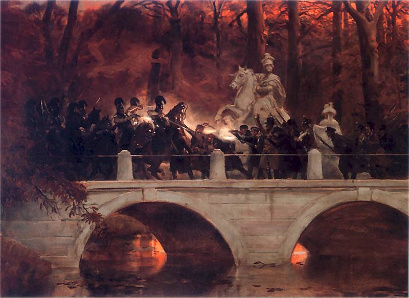 Starcie belwederczyków z kirasjerami rosyjskimi na moście w Łazienkach 29 listopada 1830 roku. Źródło Wojciech Kossak. Wikimedia Commons, domena
