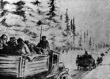 Rysunek autorstwa nieznanego łagiernika przedstawiający więźniów przewożonych odkrytymi ciężarówkami w okolicy Kotłasu. Luty 1940 r. Źródło ipn.gov.pl
